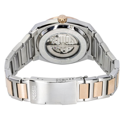 Reloj Fossil Everett ME3277 automático de acero inoxidable en dos tonos con esfera negra y corazón abierto para hombre