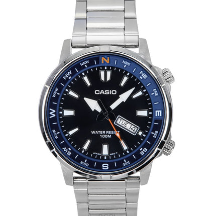 Reloj Casio estándar analógico de acero inoxidable con esfera negra y cuarzo MTD-130D-1A2V 100M para hombre