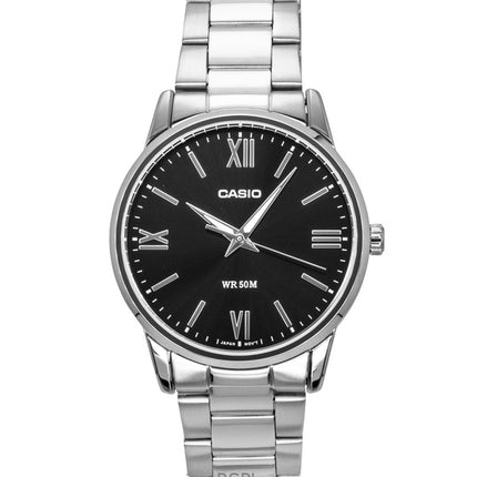 Reloj Casio analógico de acero inoxidable con esfera negra y movimiento de cuarzo MTP-1303DD-1AV para hombre