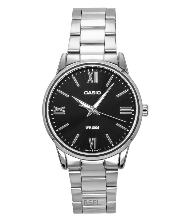 Reloj Casio analógico de acero inoxidable con esfera negra y movimiento de cuarzo MTP-1303DD-1AV para hombre