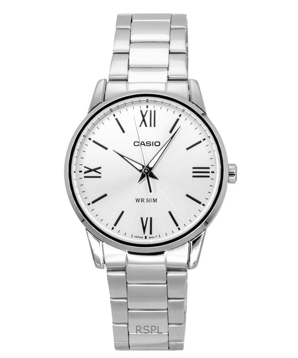 Reloj Casio analógico de cuarzo para hombre, modelo MTP-1303DD-7AV, de acero inoxidable y esfera plateada.