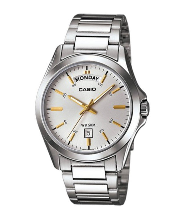 Reloj Casio clásico analógico de acero inoxidable con esfera plateada y cuarzo MTP-1370D-7A2 para hombre