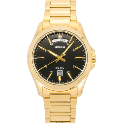 Reloj Casio Standard analógico de cuarzo MTP-1370G-1AV para hombre, de acero inoxidable, tono dorado y esfera negra