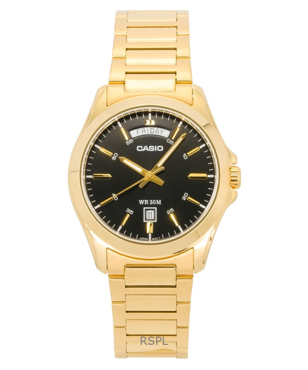 Reloj Casio Standard analógico de cuarzo MTP-1370G-1AV para hombre, de acero inoxidable, tono dorado y esfera negra