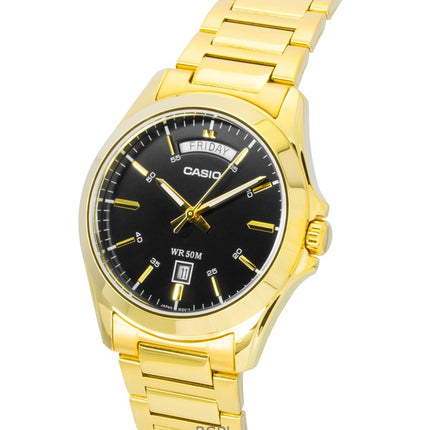 Reloj Casio Standard analógico de cuarzo MTP-1370G-1AV para hombre, de acero inoxidable, tono dorado y esfera negra