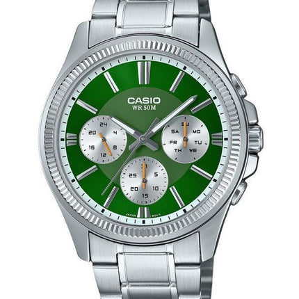 Reloj Casio Enticer analÃ³gico de acero inoxidable con esfera verde y cuarzo MTP-1375D-3 para hombre