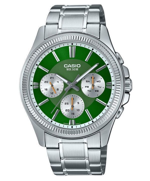 Reloj Casio Enticer analÃ³gico de acero inoxidable con esfera verde y cuarzo MTP-1375D-3 para hombre
