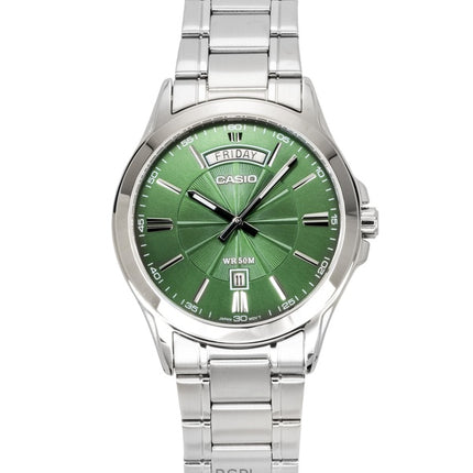 Reloj Casio Standard analógico de acero inoxidable con esfera verde de cuarzo MTP-1381D-3AV para hombre