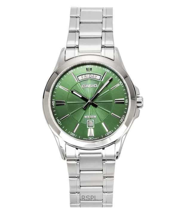 Reloj Casio Standard analógico de acero inoxidable con esfera verde de cuarzo MTP-1381D-3AV para hombre