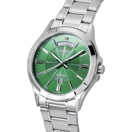 Reloj Casio Standard analógico de acero inoxidable con esfera verde de cuarzo MTP-1381D-3AV para hombre