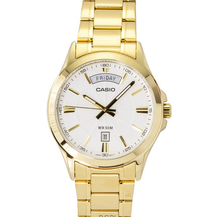 Reloj Casio Standard analógico de cuarzo MTP-1381GD-7AV para hombre, acero inoxidable, esfera blanca y tono dorado