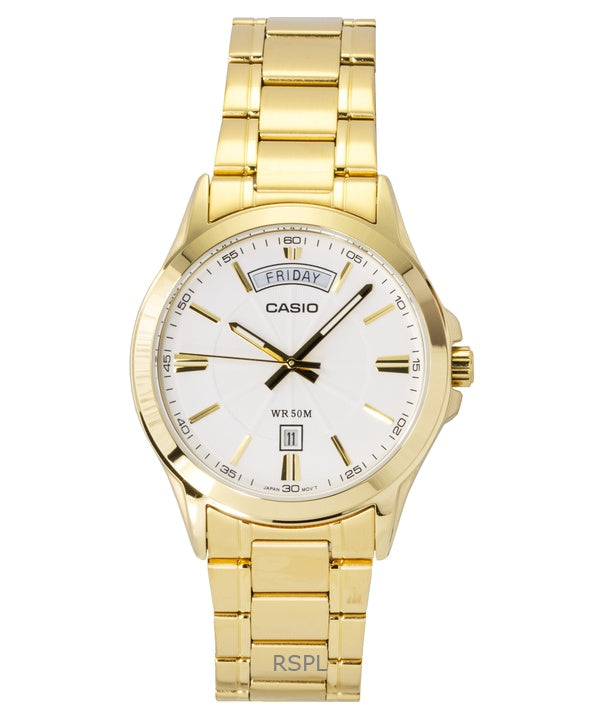 Reloj Casio Standard analógico de cuarzo MTP-1381GD-7AV para hombre, acero inoxidable, esfera blanca y tono dorado