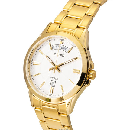 Reloj Casio Standard analógico de cuarzo MTP-1381GD-7AV para hombre, acero inoxidable, esfera blanca y tono dorado