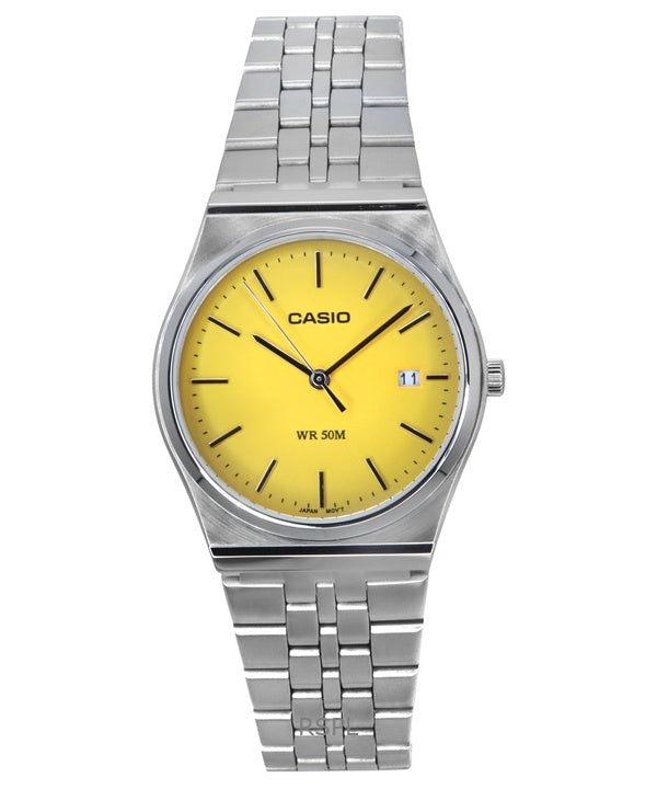 Reloj unisex Casio estándar analógico de acero inoxidable con esfera amarilla y cuarzo MTP-B145D-9AV