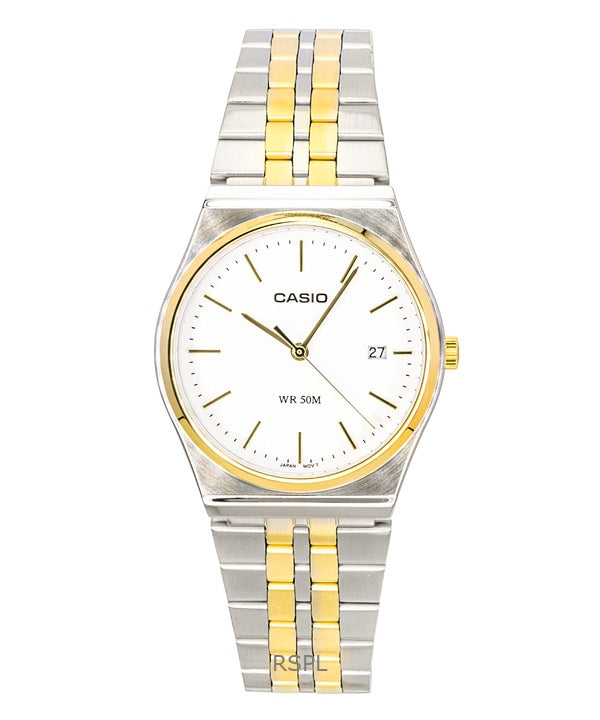 Reloj Casio analógico de cuarzo bicolor de acero inoxidable con esfera blanca MTP-B145SG-7AV para hombre