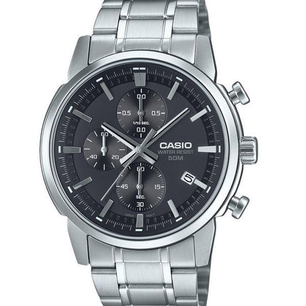 Reloj para hombre Casio Cronógrafo analógico estándar de acero inoxidable con esfera negra y cuarzo MTP-E510D-1A1V
