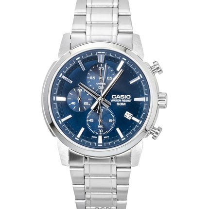 Reloj Casio MTP-E510D-2A2V para hombre, cronógrafo analógico de acero inoxidable con esfera azul y cuarzo