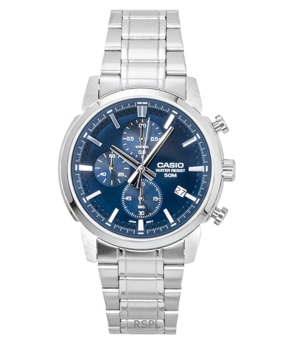 Reloj Casio MTP-E510D-2A2V para hombre, cronógrafo analógico de acero inoxidable con esfera azul y cuarzo