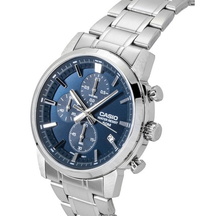 Reloj Casio MTP-E510D-2A2V para hombre, cronógrafo analógico de acero inoxidable con esfera azul y cuarzo