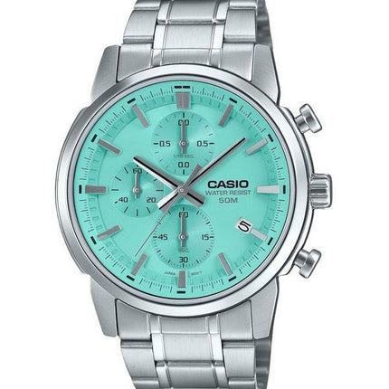 Reloj para hombre Casio Cronógrafo analógico estándar de acero inoxidable con esfera turquesa y cuarzo MTP-E510D-2AV
