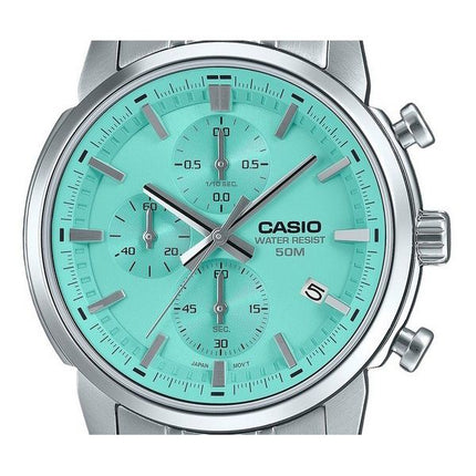 Reloj para hombre Casio Cronógrafo analógico estándar de acero inoxidable con esfera turquesa y cuarzo MTP-E510D-2AV