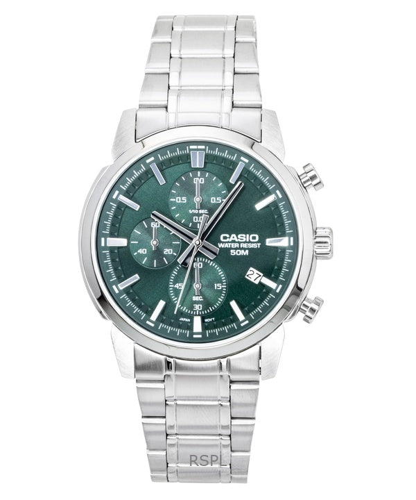 Reloj Casio Cronógrafo Analógico de Acero Inoxidable con Esfera Verde de Cuarzo MTP-E510D-3AV para Hombre