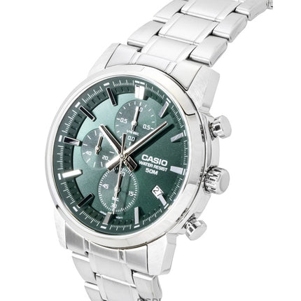 Reloj Casio Cronógrafo Analógico de Acero Inoxidable con Esfera Verde de Cuarzo MTP-E510D-3AV para Hombre
