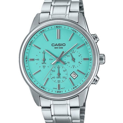 Reloj para hombre Casio Cronógrafo analógico estándar de acero inoxidable con esfera turquesa y cuarzo MTP-E515D-2A2V