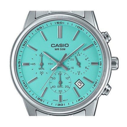 Reloj para hombre Casio Cronógrafo analógico estándar de acero inoxidable con esfera turquesa y cuarzo MTP-E515D-2A2V