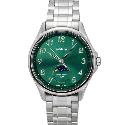 Reloj Casio MTP-M110D-3AV para hombre, analógico, con fase lunar, esfera verde y movimiento de cuarzo, de acero inoxidable.