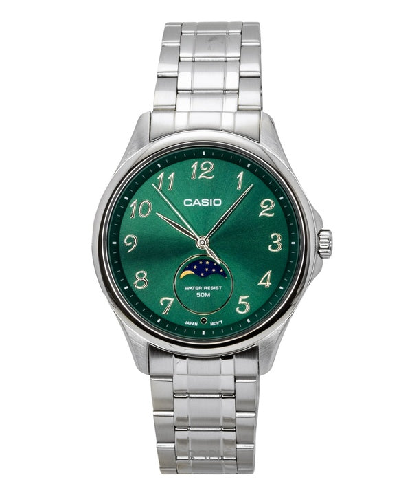 Reloj Casio MTP-M110D-3AV para hombre, analógico, con fase lunar, esfera verde y movimiento de cuarzo, de acero inoxidable.