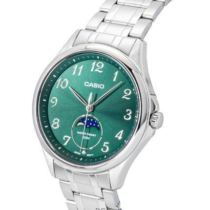 Reloj Casio MTP-M110D-3AV para hombre, analógico, con fase lunar, esfera verde y movimiento de cuarzo, de acero inoxidable.
