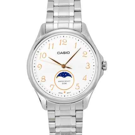 Reloj Casio MTP-M110D-7AV para hombre, analógico, con fase lunar, esfera blanca y mecanismo de cuarzo, de acero inoxidable.