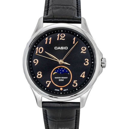Reloj Casio MTP-M110L-1AV para hombre, analógico, con fase lunar, correa de cuero, esfera negra y movimiento de cuarzo.