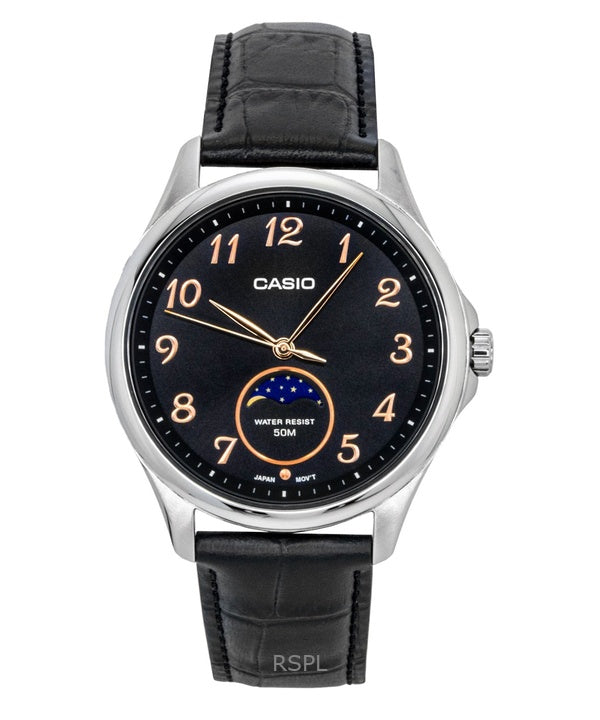 Reloj Casio MTP-M110L-1AV para hombre, analógico, con fase lunar, correa de cuero, esfera negra y movimiento de cuarzo.