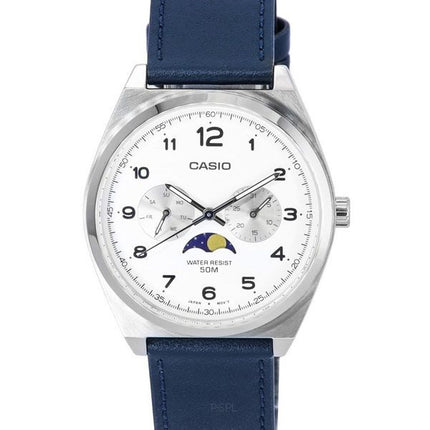 Reloj Casio estándar analógico fase lunar esfera blanca correa de cuero cuarzo MTP-M300L-7A MTPM300L-7 para hombre
