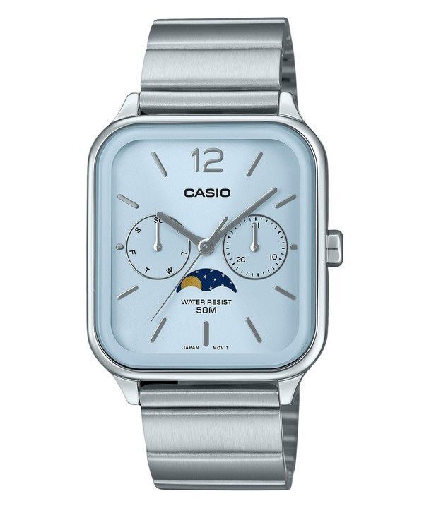 Reloj para hombre Casio analógico estándar con fase lunar de acero inoxidable y esfera azul bebé de cuarzo MTP-M305D-2AV