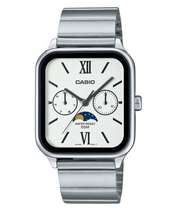 Reloj Casio estándar analógico con fase lunar de acero inoxidable y esfera blanca de cuarzo MTP-M305D-7A2V para hombre