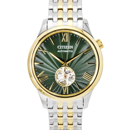 Reloj Citizen automático de acero inoxidable en dos tonos con esfera verde y corazón abierto NH9134-83X para hombre