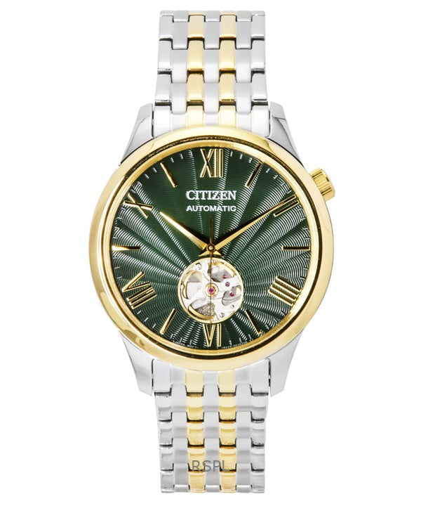 Reloj Citizen automático de acero inoxidable en dos tonos con esfera verde y corazón abierto NH9134-83X para hombre