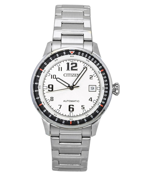 Reloj Citizen automático para hombre, de acero inoxidable, esfera blanca, modelo NJ0190-51A, resistente al agua hasta 100 metros.