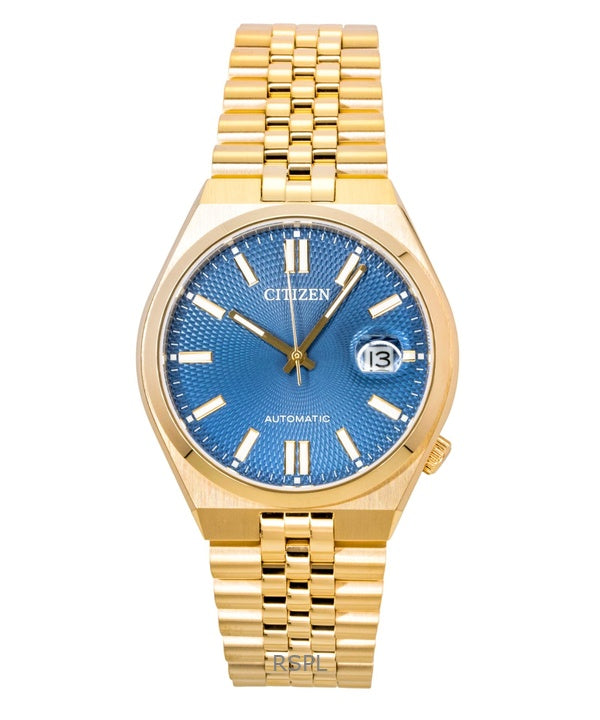 Reloj Citizen Tsuyosa 60 para hombre, automático, de acero inoxidable con tono oro rosa y esfera azul (NK0023-57L), resistente al agua hasta 100 m.