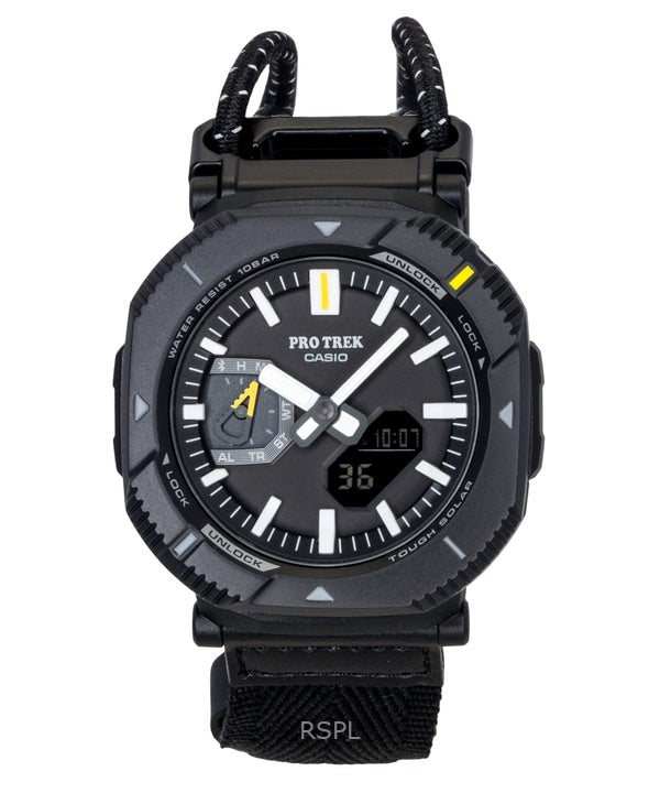 Reloj Casio Pro Trek analógico digital para hombre con correa de tela y enlace para smartphone, esfera negra, solar, PRJ-B001B-1, 100 m