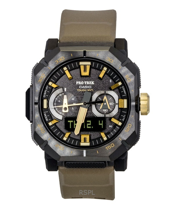 Reloj Casio Pro Trek analógico digital con enlace para smartphone, correa de caucho marrón, esfera negra, solar PRW-B1000-5, 100 m, para hombre