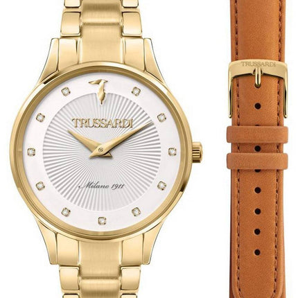 Trussardi Gold Edition Crystal Accents esfera blanca cuarzo R2453149501 Reloj para mujer