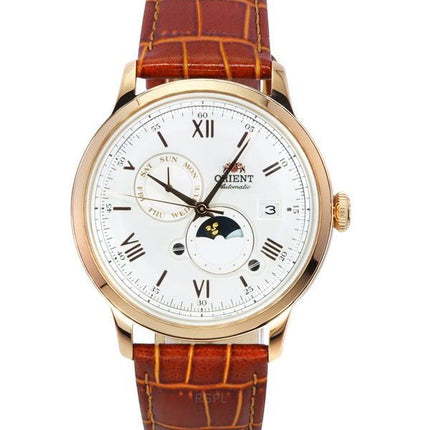 Reloj para hombre Orient Bambino versión 9 clásico con fase solar y lunar, correa de cuero, esfera blanca, automático RA-AK0801S