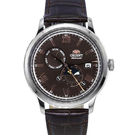 Reloj para hombre Orient Bambino versión 9 clásico con fase solar y lunar, correa de cuero, esfera marrón, automático RA-AK0804Y