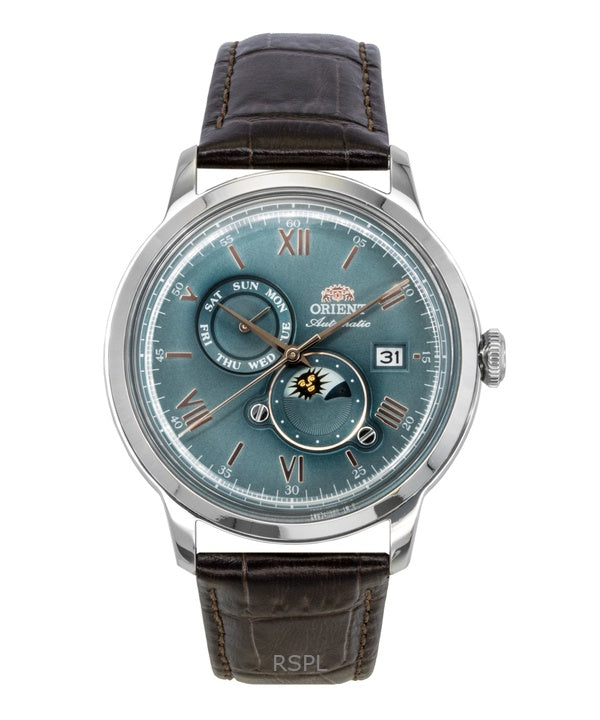 Reloj Orient Classic Sol y Luna con correa de piel, esfera verde, automático, RA-AK0805E para hombre