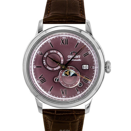 Reloj Orient Classic Sol y Luna con correa de piel y esfera burdeos, automático, RA-AK0807R para hombre
