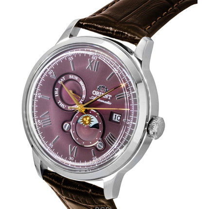 Reloj Orient Classic Sol y Luna con correa de piel y esfera burdeos, automático, RA-AK0807R para hombre